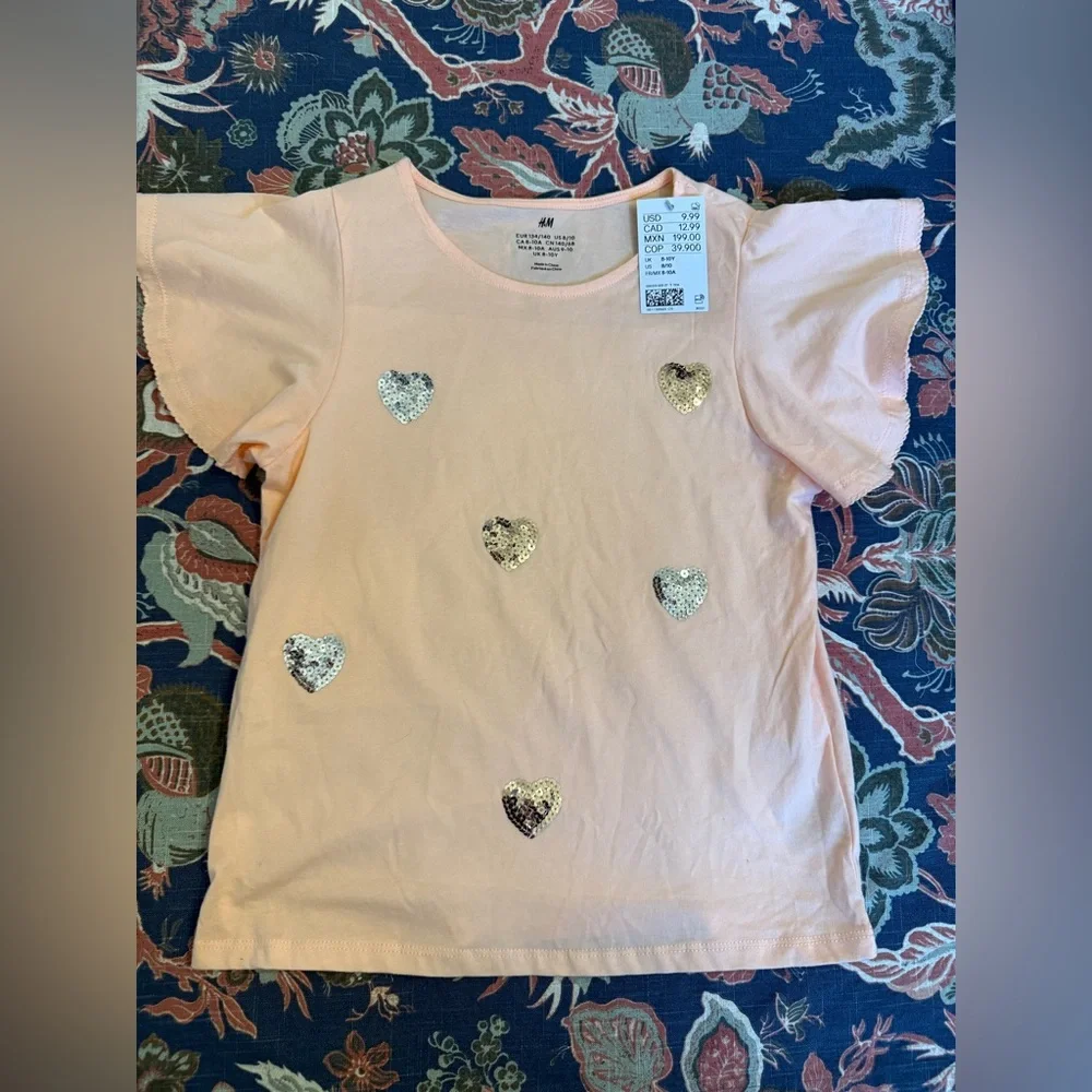 NWT!!! H&M Light Peach Kids T-Shirt with Sequin Heart Accents